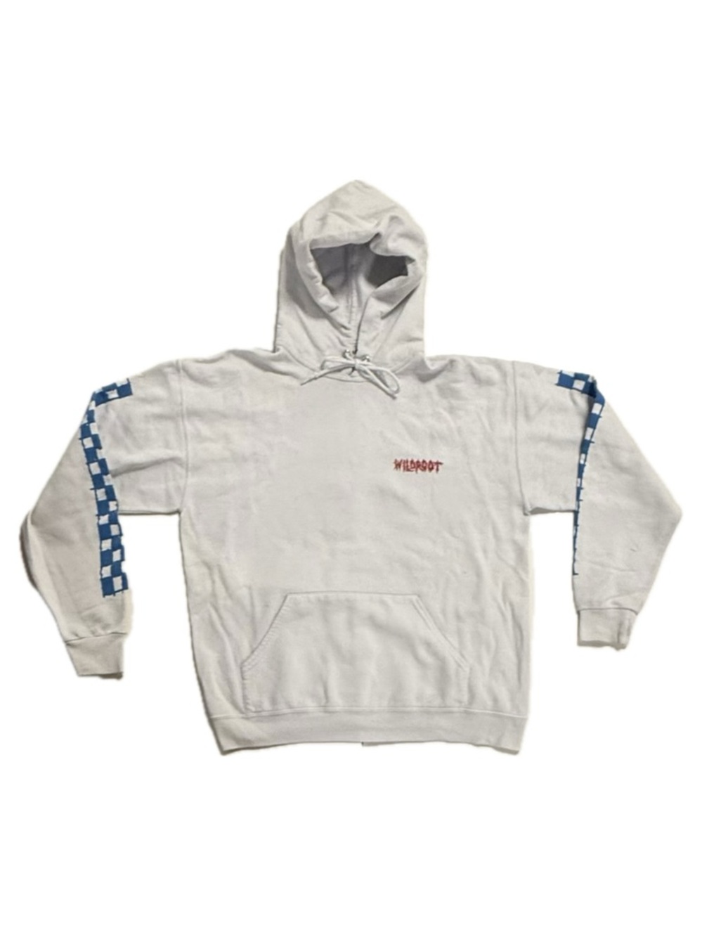 White Wildroot Men’s Size Large Graphic Hoodie with Blue Checker w Print On Back
